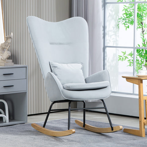 Rootz Rocking Chair - Nursing Chair - Velvet Chair - Lumbar Support - Velvet Look Cover - 67L x 85W x 112H cm -  Grey