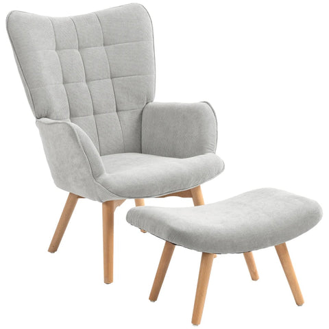 Rootz Accent Chair In Scandi Design - Relaxation Chair With Stool - Wing Chair - Armchair Set - Beech Wood - Cord Look - Gray - 72L x 80W x 101H cm