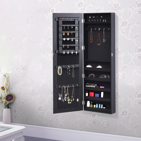 Rootz Wall Jewelry Organizer - Jewelry Cabinet, Mirror - Space-saving, Contemporary Design - 37b x 10t x 112h cm - Black