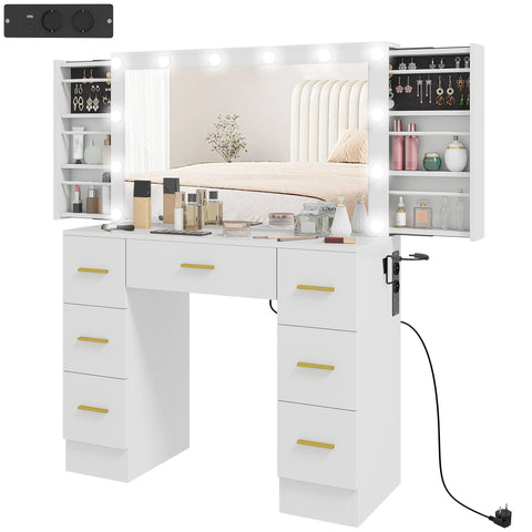 Rootz Dressing Table with Mirror - Vanity Table - Makeup Desk - 12 LED Lights - White Chipboard - 7 Drawers - 100cm x 40cm x 137cm