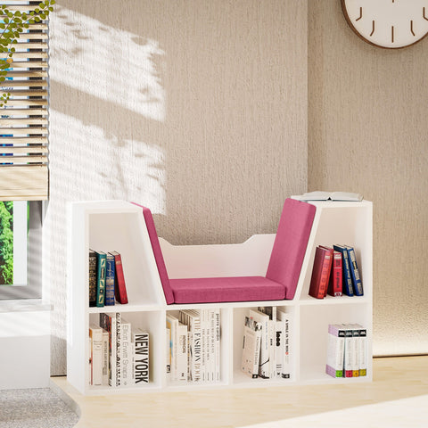 Rootz Library Bench - Storage Shelf - Bookcase - 3 Cushions Included - Comfort Seating - 102L x 30W x 61H cm - White Pink