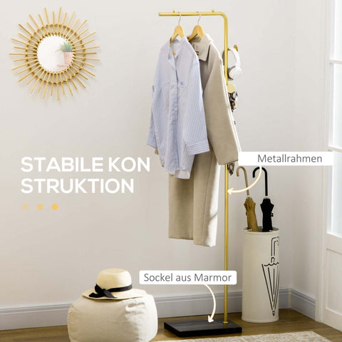 Rootz Coat Stand - Wardrobe Organizer - Entryway Rack - 2 Hooks - Marble Base - Elegant Golden Finish - 35cm x 25cm x 170cm