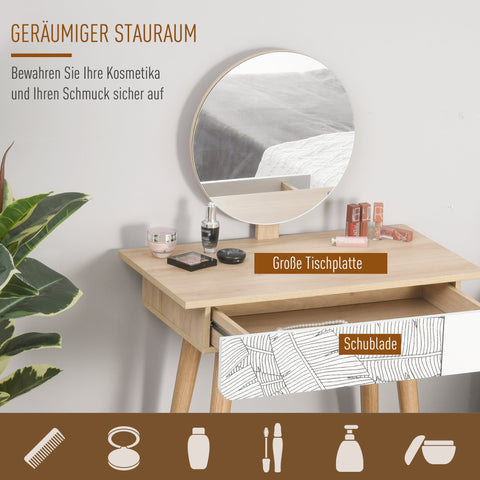 Rootz White+Brown Dressing Table - Vanity Table - Cosmetic Table - Large Drawer & Adjustable Mirror - 70cm x 39cm x 119-128cm