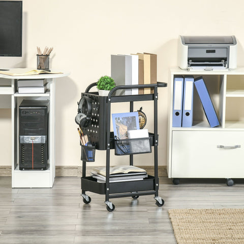 Rootz 3 Tier Metal Serving Trolley - Kitchen Cart - Utility Trolley - 2 Cutlery Racks - 51.5L x 32W x 75.6H cm - Black