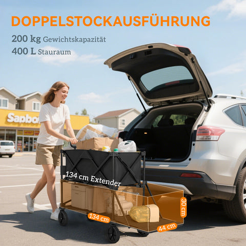 Rootz Double-Decker Garden Car - Outdoor Trolley - Transport Cart - 200 kg Capacity - 369.5L - Sturdy Steel Frame - Black - 50cm x 102cm