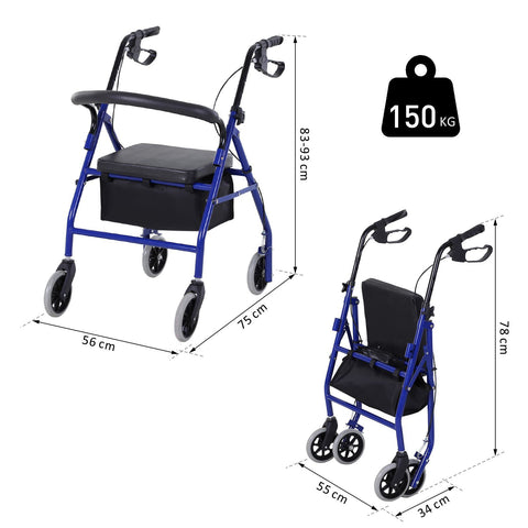 Rootz Rollator Walker - Foldable Walker - Mobility Aid - Lightweight & Adjustable - 75 x 56 x 83-93cm