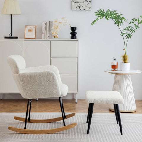 Rootz Elegant White Rocking Chair Set - Glider Chair - Lounge Chair - Ultimate Comfort - 61L x 72.5W x 82H cm - Footstool 52L x 41W x 40H cm