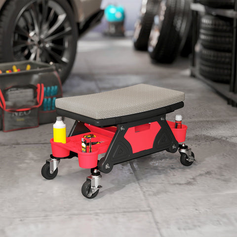 Rootz Workshop Stool with Wheels - Rolling Stool - Mechanic Seat - 135kg Capacity - 64.5cm x 33cm x 35cm - Grey and Red
