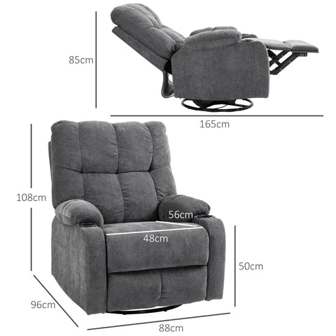 Rootz Recliner Chair - Tv Armchair - Relaxation Chair - 135°Adjustable Backrest - Extended Footrest - Swivel & Rocking Functions - Dark Gray - 88cm x 96cm x 108cm