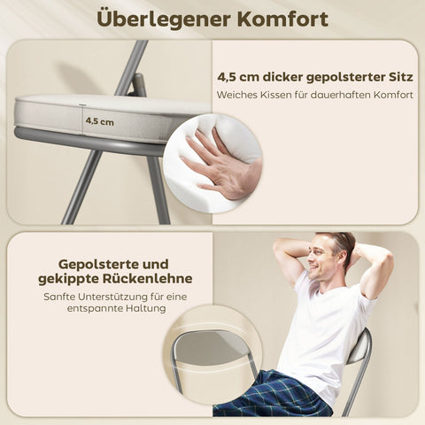 Rootz 4-Set Padded Folding Chairs - Foldable Chairs - Seating Comfort - Metal Frame - White - 82H cm - Seat 40 x 40 x 46 cm