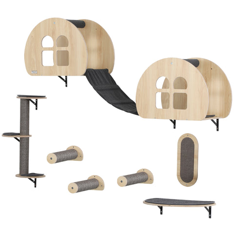 Rootz 7-Part Cat Climbing Wall Set - Cat Wall Stairs - Cat Scratch Tree - Space-Saving Design - 171cm x 36.5cm x 43cm - Grey and Brown