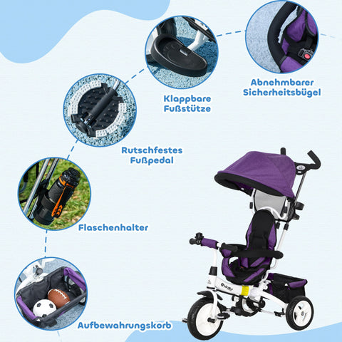 Rootz 6-in-1 Children's Trike - Tricycle - Kids Ride-On - Safety Belt - 95cm x 50cm x 106cm - Purple
