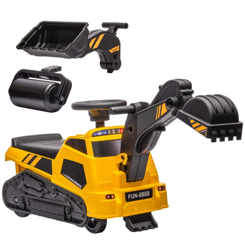 Rootz 3 In 1 Ride-on Excavator - Bulldozer - Road Roller - With Music - Anti-roll Device - Anti-tip Protection - For Ages 18-48 Months - Black + Yellow - 100L x 43W x 48.5H cm
