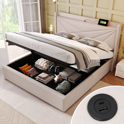 Rootz Double Bed with Storage - Linen Bed - USB Charging - Ample Storage - 208L x 186W x 107H cm
