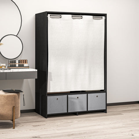 Rootz Wardrobe with Pole Curtain - Closet with Storage - Fabric Drawer Organizer - Ample Storage Space - 105 x 48 x 160 cm