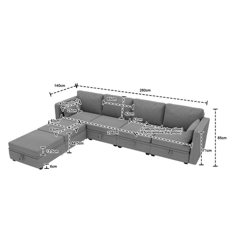Rootz U-Shaped Sofa - Modular Sofa - Convertible Sofa - High Comfort Linen Fabric - 280x140x85cm with Storage Compartments