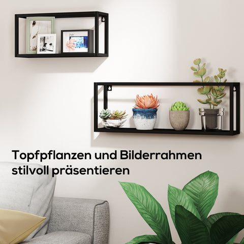 Rootz Set of 2 Wall Shelves - Floating Shelves - Display Racks - Space-Saving, 15kg Load - Steel, Black, 60x12x21cm & 40x12x19cm