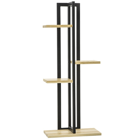 Rootz 4 Floor Plant Stand - Adjustable Flower Stand - Indoor Plant Stairs - Industrial Design - 110 cm High - Black+Natural Wood - 45L x 25B x 110H cm