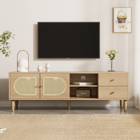 Rootz Oak Effect Rattan TV Cabinet - Entertainment Unit - Media Console - Adjustable Shelves - 150L x 40W x 50H cm