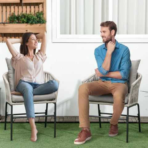 Rootz Tuinstoel - Patiostoel - Set van 2 Boho-stijl - Comfortabele zitschaal - Zitkussens - Wasbare hoes - Metalen frame - Grijs + Beige - 57 cm x 60 cm x 71 cm