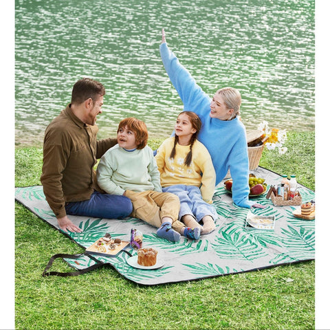 Rootz Picnic Blanket - Outdoor Mat - Beach Rug - Waterproof - Lightweight - Portable - 200cm x 200cm - Gray with Tropical Fern