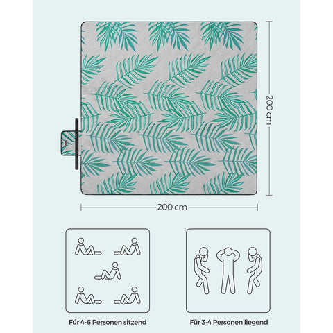 Rootz Picnic Blanket - Outdoor Mat - Beach Rug - Waterproof - Lightweight - Portable - 200cm x 200cm - Gray with Tropical Fern