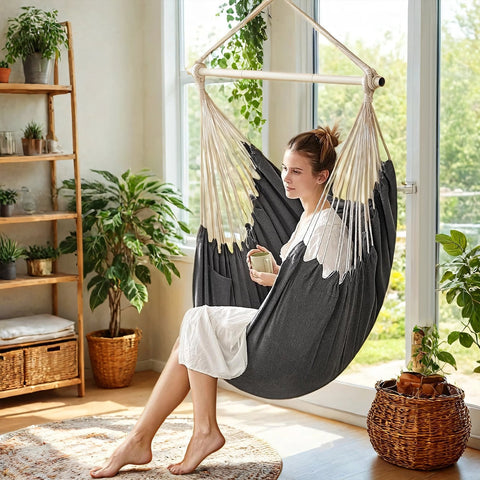 Rootz Hanging Chair Swing - Hanging Swing - Hanging Seat - Grey, Comfort with 2 Pillows - 150 x 128 cm Perfect for Relaxation