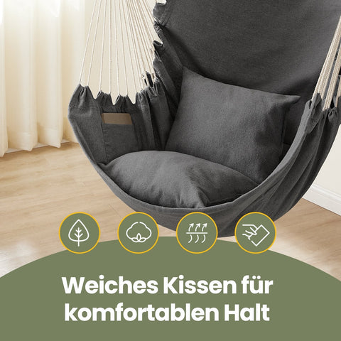 Rootz Hanging Chair Swing - Hanging Swing - Hanging Seat - Grey, Comfort with 2 Pillows - 150 x 128 cm Perfect for Relaxation
