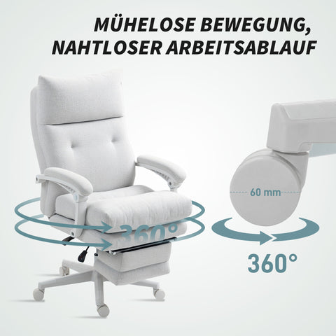 Rootz Roll Armchair - Linen Look - Office Chair - Height Adjustable Recliner - White - Footrest - 68cm x 70cm x 114-122cm
