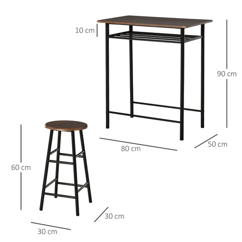 Rootz 3-Piece Bar Table Set - Dining Set - Industrial Style Furniture - Space-Saving Design - 80cm x 50cm x 90cm Table, Ø30cm x 60cm Stools