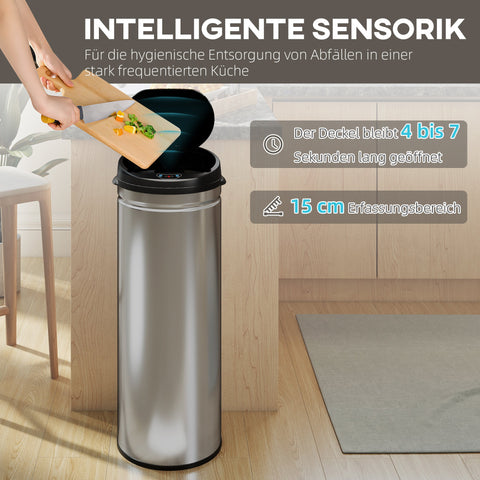 Rootz 50L Sensor Waste Bucket - Touch-Free Bin - Auto-Opening Trash Can - Hygienic & Durable - 30.5cm x 30.85cm - Stainless Steel - Soft-Close - Silver