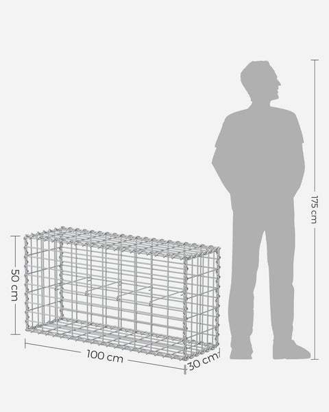 Silver Rootz Gabion Set - Metal Mesh - Spiral Stick - Spacer Hooks - Galvanized Steel - 100cm x 50cm x 30cm - Strong and Durable - Easy to Assemble - Versatile Design