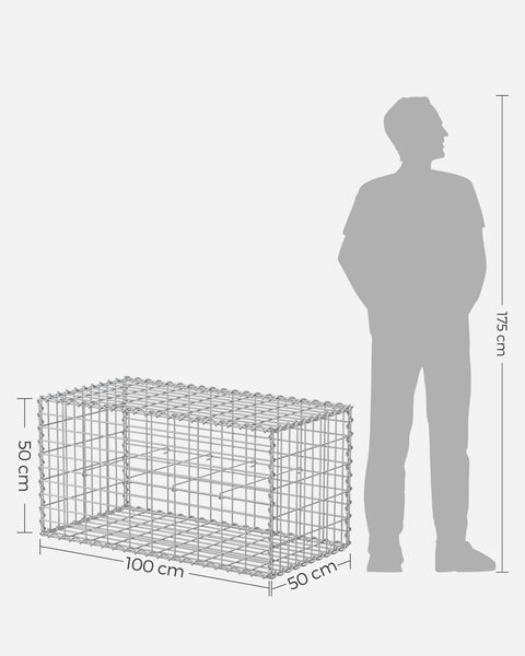 Silver Rootz Gabion Set - Metal Mesh - Spiral Stick - Spacer Hooks - Galvanized Steel - 100cm x 50cm x 50cm - 5cm x 10cm Mesh Size - 4mm Wire Diameter