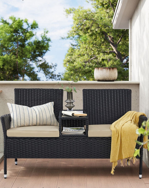Rootz Garden Sofa Set - Outdoor Loveseat - Patio Furniture - Steel Frame - PE Wicker - Foam Cushions - Tempered Glass Tabletop - Black-Taupe - 65cm x 131cm x 84cm