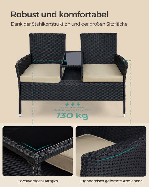 Rootz Garden Sofa Set - Outdoor Loveseat - Patio Furniture - Steel Frame - PE Wicker - Foam Cushions - Tempered Glass Tabletop - Black-Taupe - 65cm x 131cm x 84cm