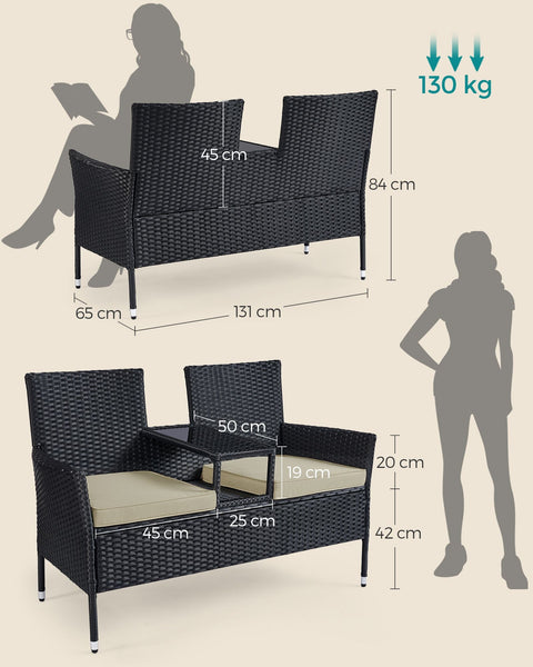 Rootz Garden Sofa Set - Outdoor Loveseat - Patio Furniture - Steel Frame - PE Wicker - Foam Cushions - Tempered Glass Tabletop - Black-Taupe - 65cm x 131cm x 84cm
