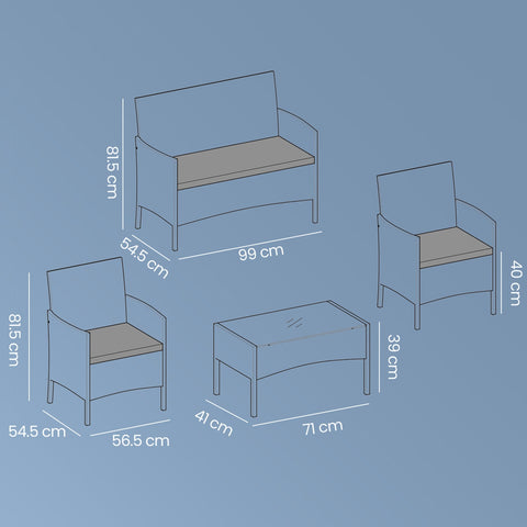 Rootz Balcony & Garden Furniture Set - Patio Set - Outdoor Furniture - Durable PE-Polyrattan - 54.5x56.5x81.5cm Chair, 54.5x99x81.5cm Sofa, 41x71x39cm Table