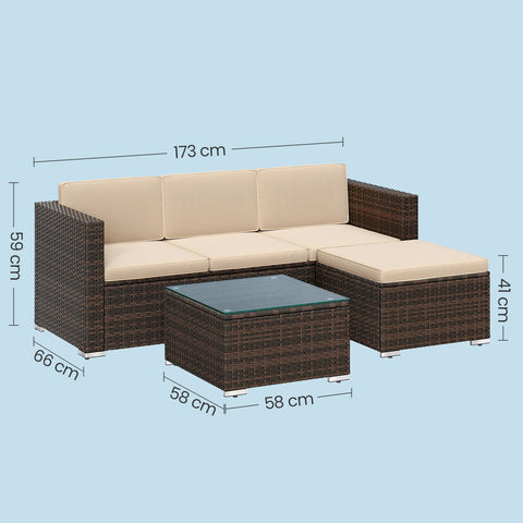 Rootz 4 Piece Garden Furniture Set - Terrace Furniture - Balcony Set - Cushioned Comfort - 3-Seater & Table: 173x60x66cm, 58x58x34cm