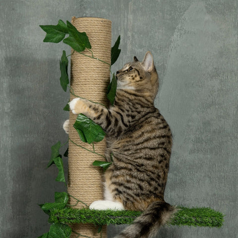 Rootz Floor-to-Ceiling Cat Tree - Height Adjustable Scratching Post - Artificial Leaves - Chipboard - 37cm x 21cm x 202-242cm