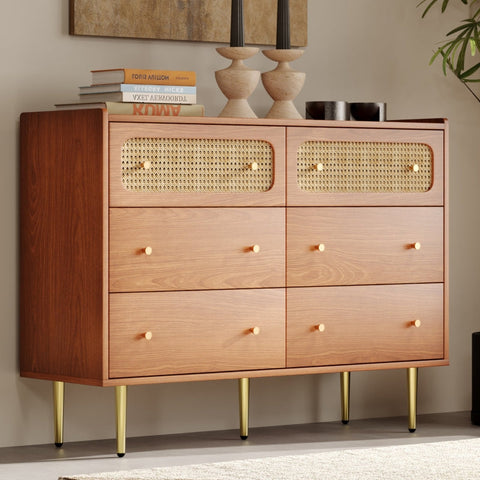 Rootz 6-Drawer Faux Rattan Chest - Dresser - Storage Organizer - Ample Space - 120cm x 40cm x 90cm