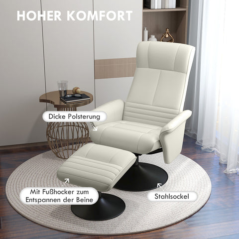 Rootz Recliner & Stool Set - TV Armchair - Swivel Chair - Ergonomic Comfort - White - 69L x 71W x 104H cm