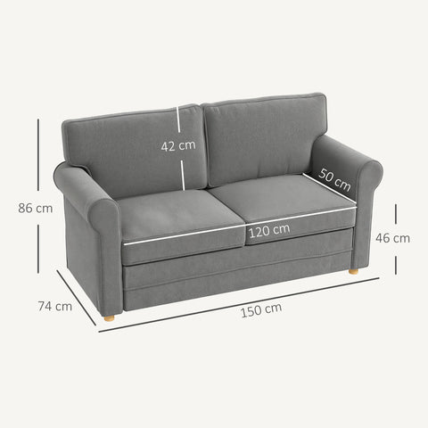 Rootz 2-Seater Sofa - Compact Living Room Couch - Linen-Look Fabric - Soft Seat Cushions - 150cm x 74cm x 86cm - Grey