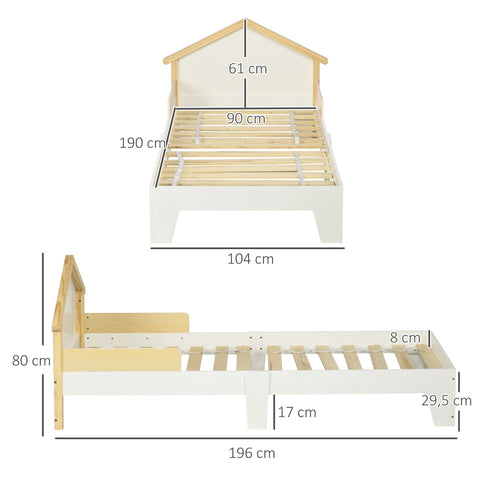 Rootz Cot Bed Frame - House-Shaped Headboard - Children's Bed - Nordic Designs - 90x190cm - White Pine - Slatted Frame Included - Durable MDF & Pinewood