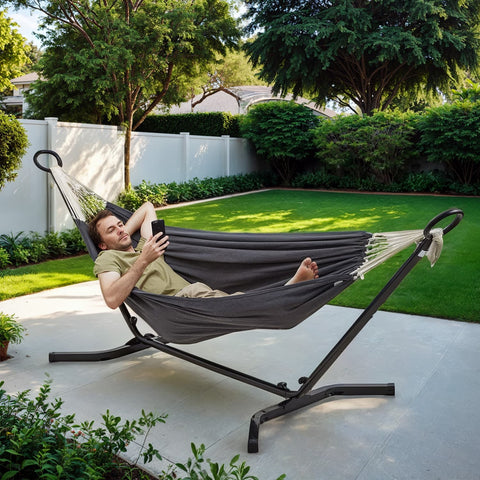 Rootz Double Hammock with Frame - Hang Mat - Adjustable Heights - Relaxation Comfort - 210cm x 150cm Hammock, 300cm x 90cm x 95cm Frame