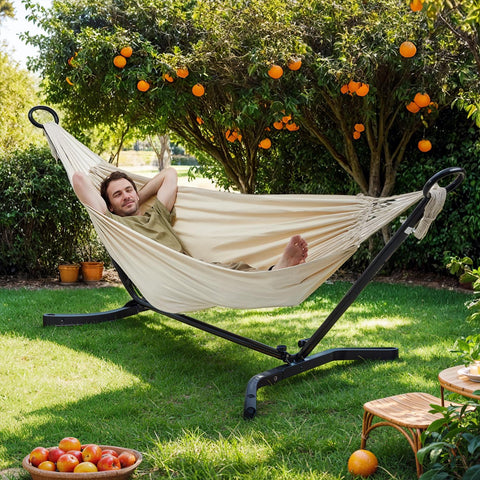 Rootz Double-Hammock with Frame - Hanging Mat - Adjustable Relaxation - Breathable Fabric - 210 x 150 cm Hammock, 300 x 90 x 95 cm Frame