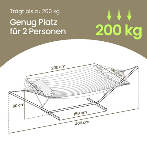 Rootz Hammock with Metal Frame - Hang Mat - Outdoor Lounger - Supports 200kg - 400cm x 100cm x 90cm Frame, 200cm x 140cm Mat