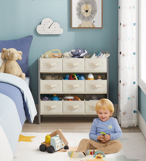 Rootz Children's Shelf with 9 Non-Woven Fabric Boxes - Kids Shelf Organizer - MDF Material - Dove Gray - 29.5cm x 62.5cm x 60cm