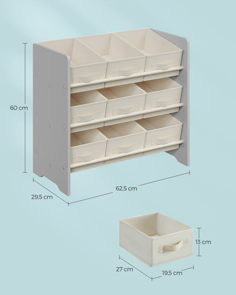 Rootz Children's Shelf with 9 Non-Woven Fabric Boxes - Kids Shelf Organizer - MDF Material - Dove Gray - 29.5cm x 62.5cm x 60cm