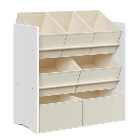Rootz Children's Shelf with 7 Fabric Boxes - Toy Organizer - Kids Storage Rack - MDF and Non-Woven Fabric - 29.5cm x 62.5cm x 60cm - Cloud White - Lightweight - Sturdy - Easy Assembly