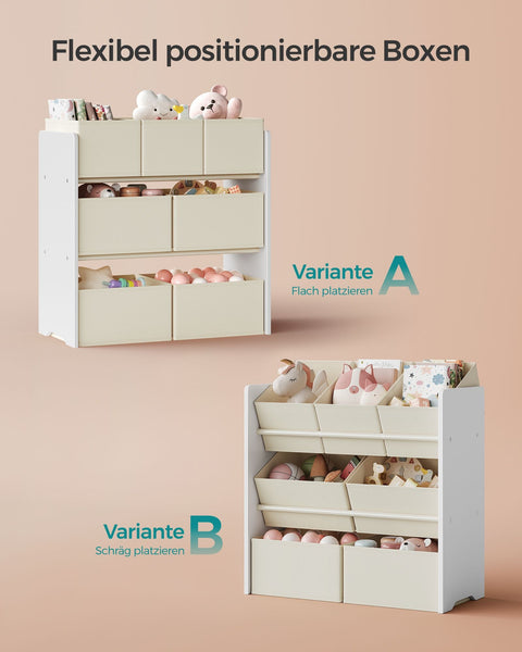 Rootz Children's Shelf with 7 Fabric Boxes - Toy Organizer - Kids Storage Rack - MDF and Non-Woven Fabric - 29.5cm x 62.5cm x 60cm - Cloud White - Lightweight - Sturdy - Easy Assembly